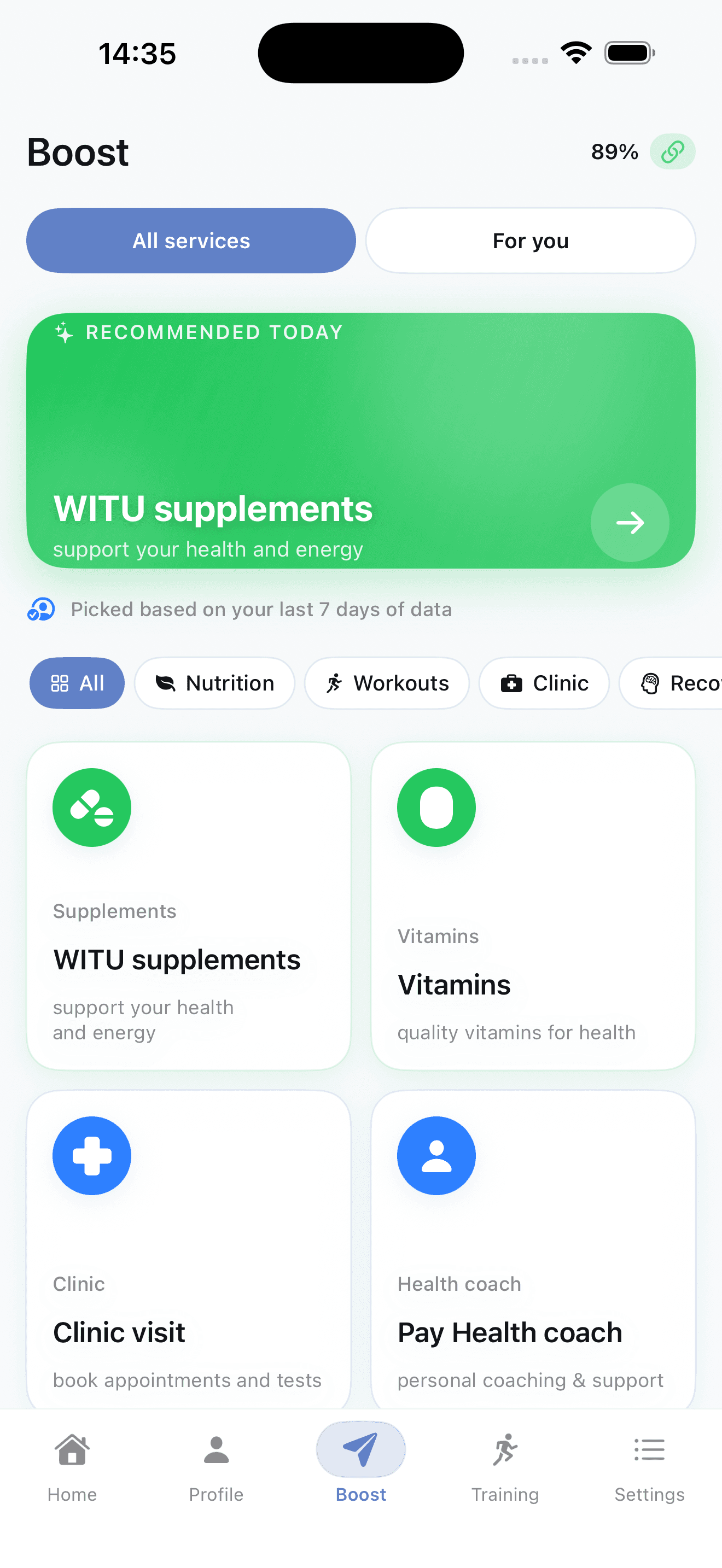 Экран ИИ-рекомендаций Boost в приложении WitU