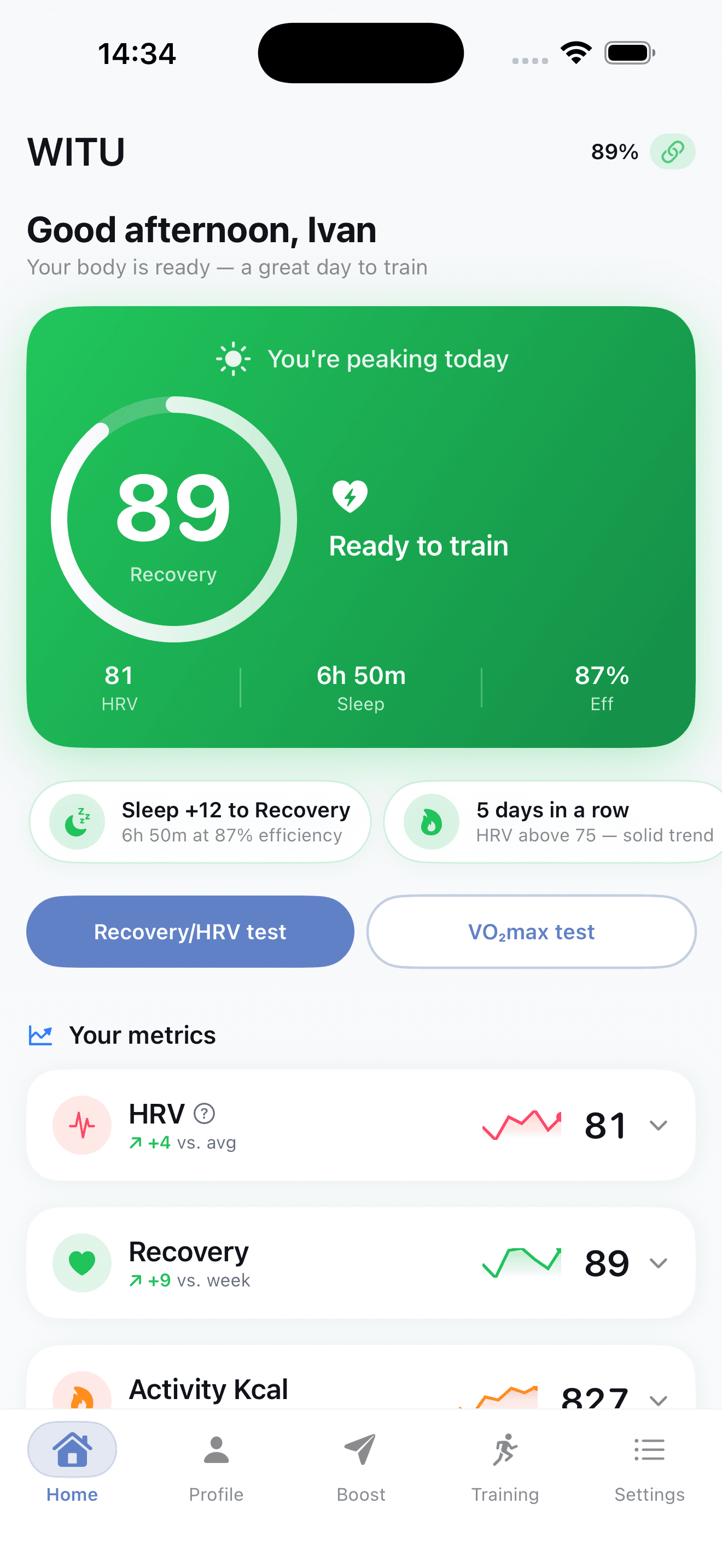 WitU app home screen — Recovery Score